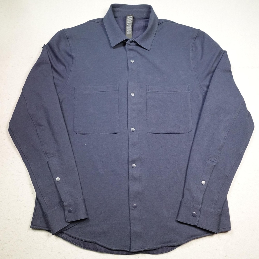 Lululemon Shirt Mens Medium Blue Snap Front Stretch Jersey Long Sleeve Pockets